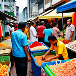 **A bustling marketplace scene in Kuala Lumpur, Malaysia. Diverse vendors are selling goods, and customers are interacting. Focus on the vibrant colors of the textiles and produce. Capture the energy of international commerce.**