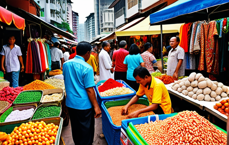 **A bustling marketplace scene in Kuala Lumpur, Malaysia. Diverse vendors are selling goods, and customers are interacting. Focus on the vibrant colors of the textiles and produce. Capture the energy of international commerce.**