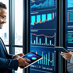A diverse group of professional adults, fully clothed in appropriate business attire, actively collaborating in a cutting-edge financial hub. One person interacts with a large holographic display showcasing real-time market data and AI-driven analytics, while others examine diversified digital asset portfolios on sleek tablet devices. The environment is modern and dynamic, featuring glowing data streams and network nodes symbolizing the power of AI and Big Data in uncovering hidden market opportunities. Subtle elements of a modern city skyline are visible through large windows. The scene conveys innovation, accessibility, and technological advancement in finance. Professional photography, high quality, perfect anatomy, correct proportions, natural pose, well-formed hands, proper finger count, natural body proportions, safe for work, appropriate content, fully clothed, professional, family-friendly.