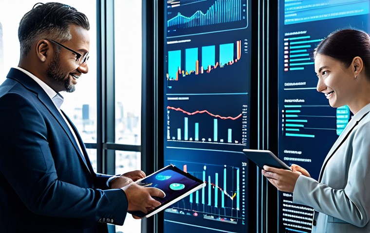 A diverse group of professional adults, fully clothed in appropriate business attire, actively collaborating in a cutting-edge financial hub. One person interacts with a large holographic display showcasing real-time market data and AI-driven analytics, while others examine diversified digital asset portfolios on sleek tablet devices. The environment is modern and dynamic, featuring glowing data streams and network nodes symbolizing the power of AI and Big Data in uncovering hidden market opportunities. Subtle elements of a modern city skyline are visible through large windows. The scene conveys innovation, accessibility, and technological advancement in finance. Professional photography, high quality, perfect anatomy, correct proportions, natural pose, well-formed hands, proper finger count, natural body proportions, safe for work, appropriate content, fully clothed, professional, family-friendly.