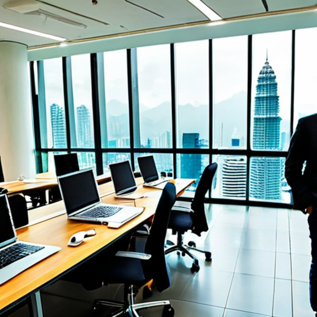 Modern Malaysian Innovation Hub**

A bustling co-working space in Kuala Lumpur, featuring diverse individuals collaborating on laptops and whiteboards filled with diagrams. The room is brightly lit with large windows showcasing the Petronas Twin Towers in the background. Focus on the integration of technology and local culture, with batik patterns subtly incorporated into the interior design. Everyone is fully clothed in professional attire. Safe for work, appropriate content, professional, family-friendly, perfect anatomy, natural proportions.

**